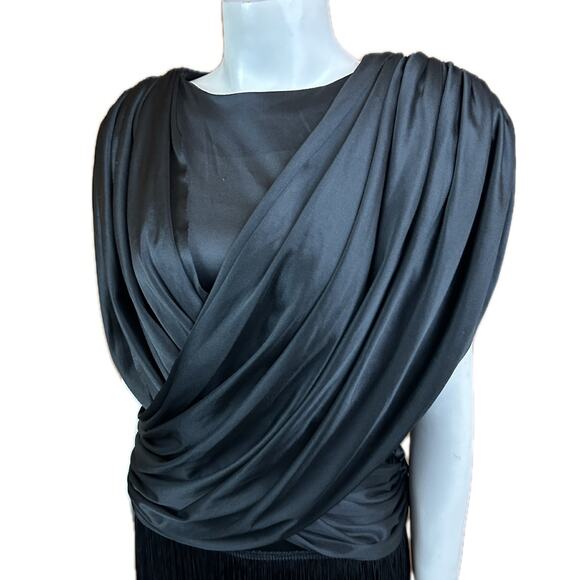 Vintage 1980s Black Sleeveless Tiered Draped Fringe Party Dress / XS - Picture 2 of 4